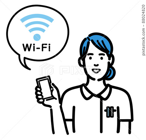 一位穿著實驗室外套的年輕女子拿著智能手機並解釋 wifi 88024820