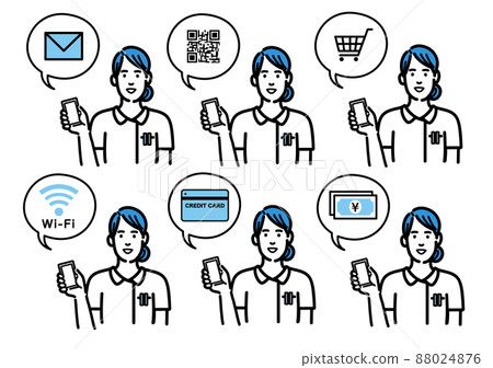 一組穿著實驗室外套的年輕女性用智能手機解釋 88024876