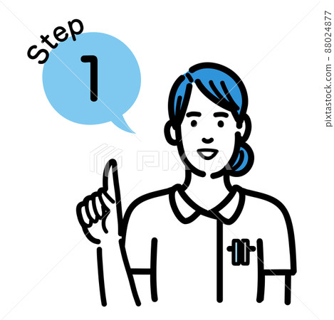 步驟 1 一位身著實驗室外套的年輕女子解釋該過程 步驟 1 一位身著實驗室外套的年輕女子解釋該過程 88024877