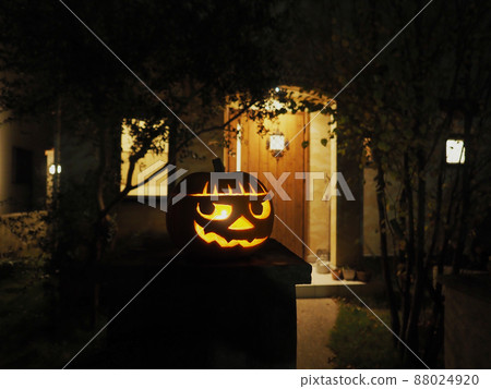 帶有萬聖節蠟燭和花園的 Jack-O-Lantern 的圖像 [晚上的萬聖節] 88024920