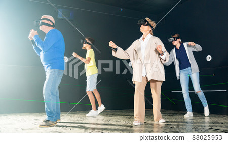 Family using virtual reality glasses delighted with videogames Family using virtual reality glasses delighted with videogames 88025953