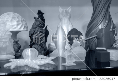 Objects printed on 3D printer from plastic close-up. New 3D printing technology. 88026037