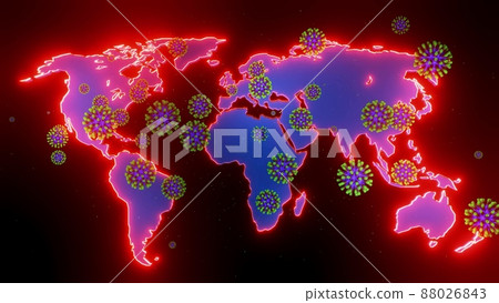 3d render. map of earth is highlighted in glow red, particles of coronavirus flying over it. Concept of the coronavirus pandemic, a global problem for all of humanity, earth quarantine. 3d render. map of earth is highlighted in glow red, particles of coronavirus flying over it. Concept of the coronavirus pandemic, a global problem for all of humanity, earth quarantine. 88026843