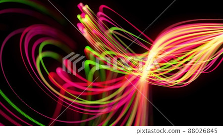 3d render. Light flow bg. Abstract background with light trails, stream of green red yellow neon lines form spiral shapes. Modern trendy motion design background light effect. 3d render. Light flow bg. Abstract background with light trails, stream of green red yellow neon lines form spiral shapes. Modern trendy motion design background light effect. 88026845