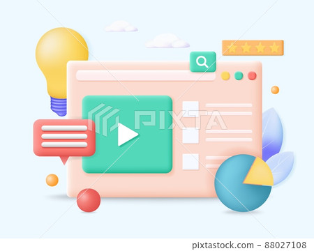 Digital screen with media and social marketing elements, concept 3d vector Illustration. Video player, lightbulb, seo data analysis with chart, messages icon. Creative idea, business technology 88027108