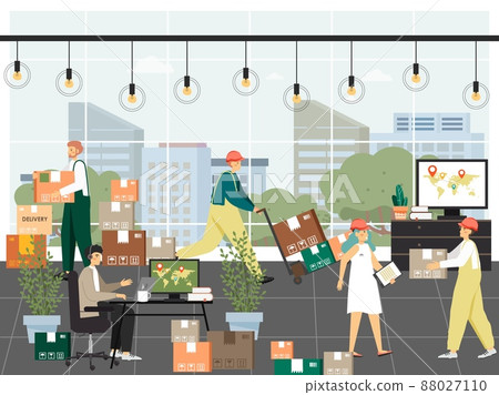 Delivery company office, flat vector illustration. Manager, loader, courier with parcel, box. Cargo shipment, logistics. Delivery company office, flat vector illustration. Manager, loader, courier with parcel, box. Cargo shipment, logistics. 88027110