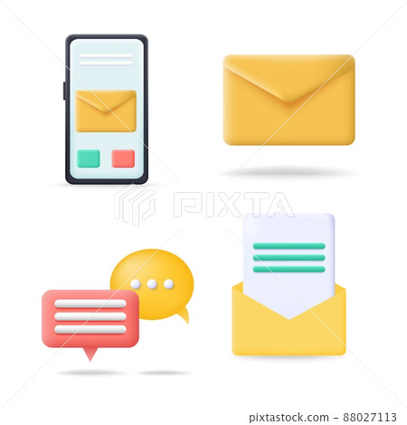 Vector set of 3d speech bubbles, email letters and business icons. Message, mobile phone mailbox, chat notifications, social media icons. 3D render elements Vector set of 3d speech bubbles, email letters and business icons. Message, mobile phone mailbox, chat notifications, social media icons. 3D render elements 88027113