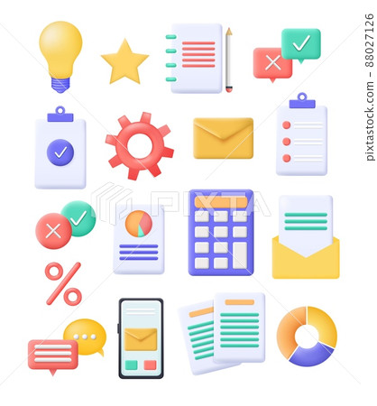 Vector set of business icons in 3d render style. Message notifications, check marks, papers and contracts, email, lightbulb, mobile phone, finance chart. Office and business elements Vector set of business icons in 3d render style. Message notifications, check marks, papers and contracts, email, lightbulb, mobile phone, finance chart. Office and business elements 88027126