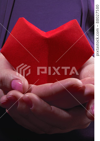 Symbol of the heart in women's palms. Red paper heart in woman hands. Close-up. Symbol of the heart in women's palms. Red paper heart in woman hands. Close-up. 88027580