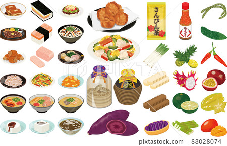 Illustrations of Okinawa's popular gourmet foods and specialties ① (Pork and egg rice balls, Sata andagi, Goya Champu) Illustrations of Okinawa's popular gourmet foods and specialties ① (Pork and egg rice balls, Sata andagi, Goya Champu) 88028074