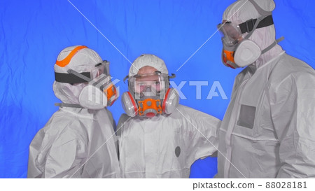 Family shield protect, to save life from virus. People portrait, wearing protect medical aerosol spray paint mask respirator. Coronavirus epidemic. 88028181