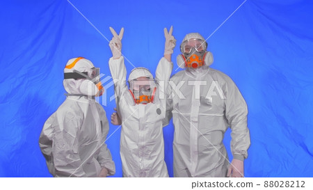 Family shield protect, to save life from virus. People portrait, wearing protect medical aerosol spray paint mask respirator. Coronavirus epidemic. 88028212