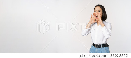 Image of young asian woman calling for someone, shouting loud and searching around, standing against white background Image of young asian woman calling for someone, shouting loud and searching around, standing against white background 88028822