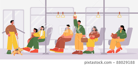 Public transport. Bus interior with passengers 88029188
