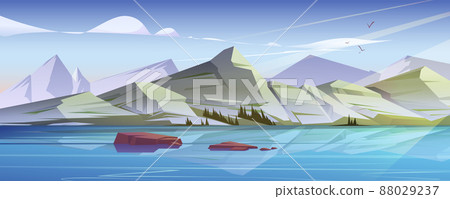 Nordic landscape with lake and mountain range Nordic landscape with lake and mountain range 88029237
