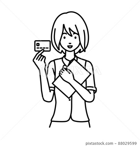 一位身著職員制服的女士站著,拿著文件和卡片 一位身著職員制服的女士站著,拿著文件和卡片 88029599