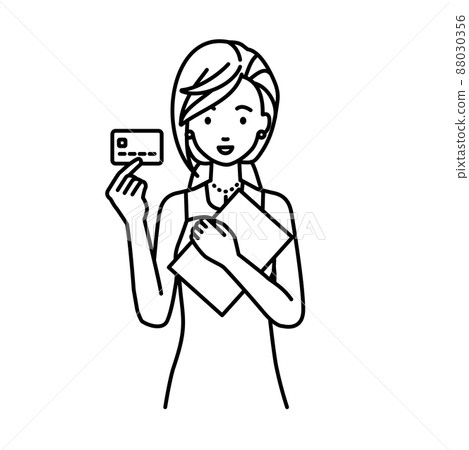 Woman in a dress standing and holding documents and cards Woman in a dress standing and holding documents and cards 88030356