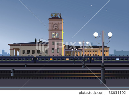 Kievsky railway station, evening train. Vector. 88031102