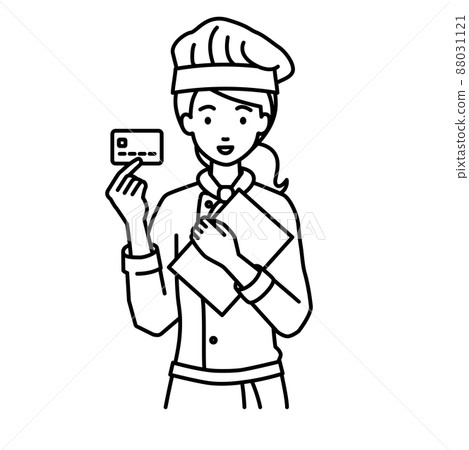 一個廚師女人站著,拿著文件和卡片 一個廚師女人站著,拿著文件和卡片 88031121