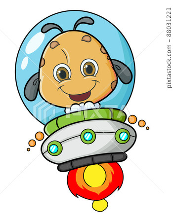 The happy alien is driving the ufo and flying in the space The happy alien is driving the ufo and flying in the space 88031221