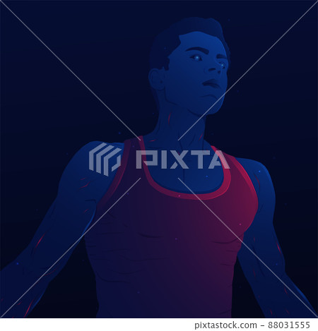 Blue majestic athletic guy on a dark background. Attractive guy in a t shirt.Technology man vector illustration. Sportsman concept. Blue majestic athletic guy on a dark background. Attractive guy in a t shirt.Technology man vector illustration. Sportsman concept. 88031555