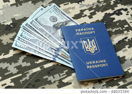 Ukrainian foreign passport on fabric with texture of military pixeled camouflage. Cloth with camo pattern in grey, brown and green pixel shapes and Ukrainian ID 88033384