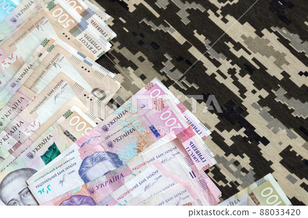 Ukrainian hryvnya bills on fabric with texture of Ukrainian military pixeled camouflage. Cloth with camo pattern in grey, brown and green pixel shapes Ukrainian hryvnya bills on fabric with texture of Ukrainian military pixeled camouflage. Cloth with camo pattern in grey, brown and green pixel shapes 88033420