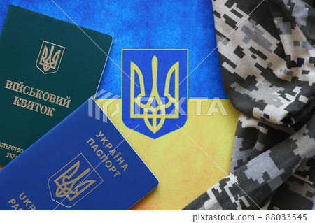 Ukrainian military ID and foreign passport on fabric with texture of pixeled camouflage. Cloth with camo pattern in grey, brown and green shapes with Ukrainian army personal token and passport. 88033545