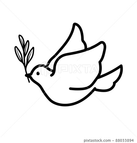 Line drawing illustration of a pigeon with an olive branch (symbol of peace) _ monochrome 88033894
