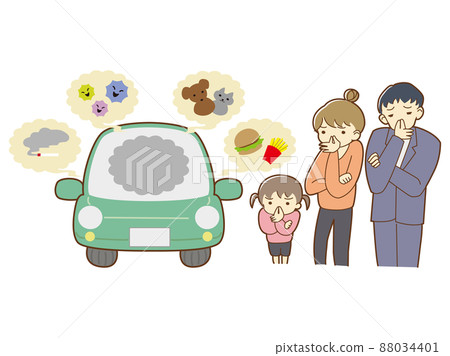 Illustration of a family troubled by the unpleasant smell of their car Illustration of a family troubled by the unpleasant smell of their car 88034401