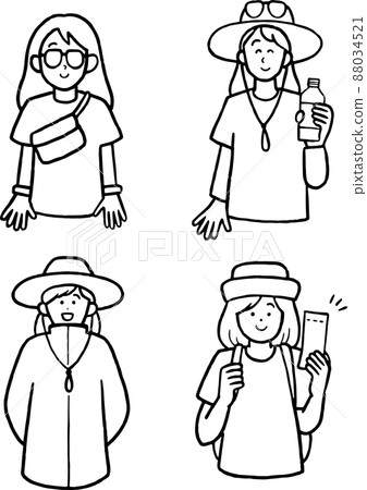 一位穿著衣服去參加夏季戶外音樂節的婦女的插圖集 — 僅畫線 88034521