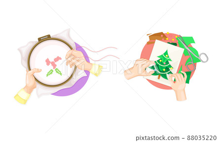 Craft hobbies set. View from above of human hands creating crafts. Embroidery and applique cartoon vector illustration 88035220