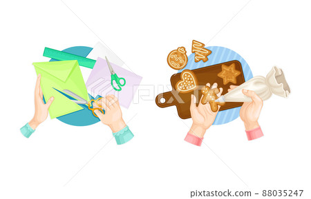 Craft hobbies set. View from above of human hands creating crafts. People cutting paper and baking gingerbread cookies cartoon vector illustration Craft hobbies set. View from above of human hands creating crafts. People cutting paper and baking gingerbread cookies cartoon vector illustration 88035247