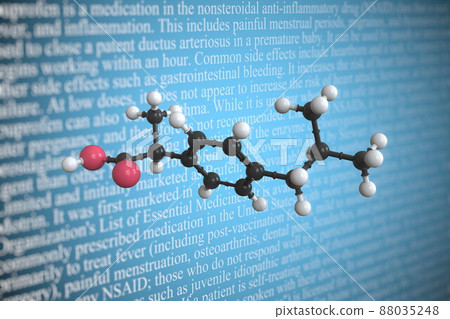 Ibuprofen scientific molecular model, 3D rendering Ibuprofen scientific molecular model, 3D rendering 88035248