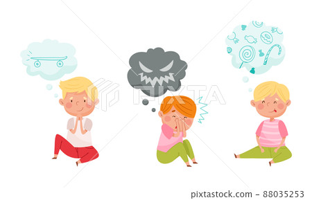 Childhood fears and dreams set. Cute kid with speech bubbles over their heads cartoon vector illustration 88035253