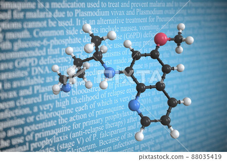 Molecular model of primaquine, 3D rendering Molecular model of primaquine, 3D rendering 88035419