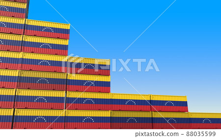 Flag of Venezuela on containers forming declining trend of graph. National crisis or meltdown related conceptual 3D rendering 88035599