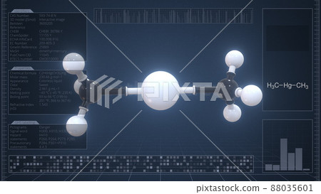 Overview of the molecule of dimethylmercury on the computer screen. 3d rendering Overview of the molecule of dimethylmercury on the computer screen. 3d rendering 88035601