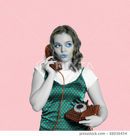 Contemporary artwork. Young girl with bright drawings on her face, cloth talking on retro phone 88036454