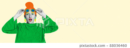 Contemporary art collage. Colorful design. Young emotive girl with bright drawn makeup and cloth elements isolated over yellow background. Flyer 88036460