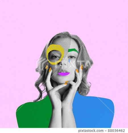 Contemporary artwork. Creative picture. Inspiration, idea, trendy urban magazine style. Cheerful girl with digital bright drawings on her face, head 88036462