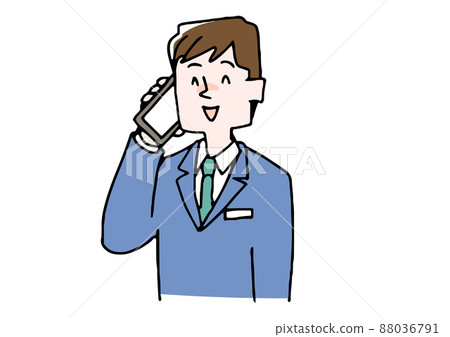 Businessman making a phone call on a smartphone (smiling) Comical hand-drawn character Vector, line drawing in color 88036791