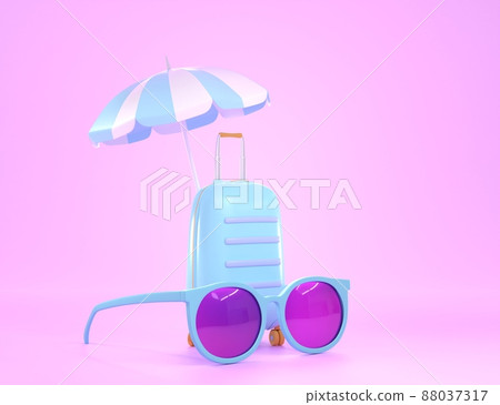 Beach umbrella with blue plastic suitcase and sunglasses isolated on pink background, 3d render. Luggage bag, striped parasol and eyeglasses for summer journey or vacation trip. Travel banner Beach umbrella with blue plastic suitcase and sunglasses isolated on pink background, 3d render. Luggage bag, striped parasol and eyeglasses for summer journey or vacation trip. Travel banner 88037317