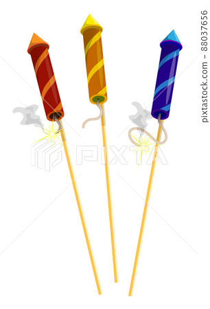 Fireworks on shelf. Salute and festive show with pyrotechnics. Cartoon vector isolated on white background 88037656