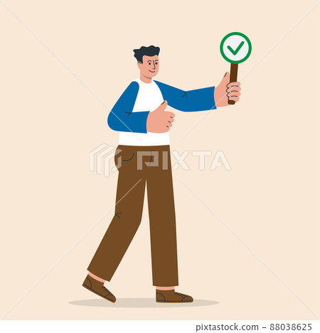 Man holds a placard with accept mark and raises her hand with sign ok. Make your choice concept. Positive answer. Man holds a placard with accept mark and raises her hand with sign ok. Make your choice concept. Positive answer. 88038625