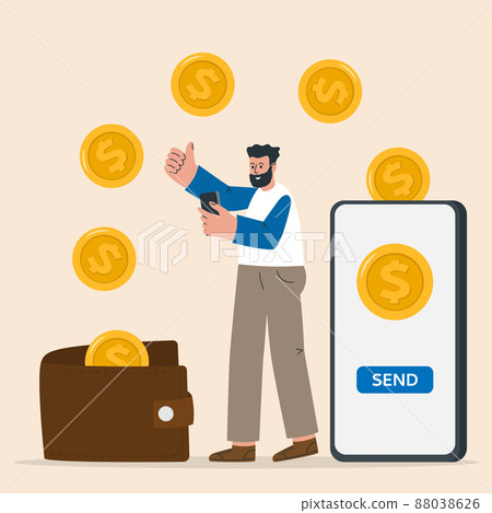 Concept of money transfer with wallet and smartphone, online payment. Man making cash dollar transaction. Concept of money transfer with wallet and smartphone, online payment. Man making cash dollar transaction. 88038626