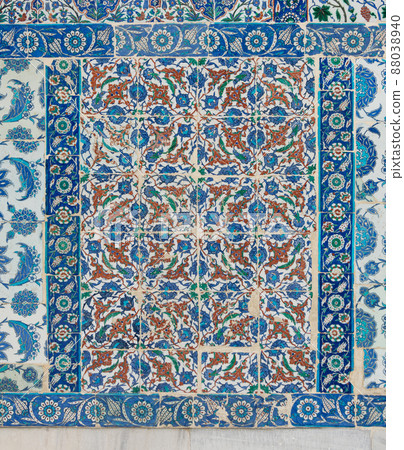 Old ceramic wall tiles with floral blue pattern in an exterior wall of the historic Eyup Sultan Mosque, Istanbul, Turkey 88038940