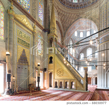 Marble floral golden ornate minbar and niche, Blue Mosque, Istanbul, Turkey Marble floral golden ornate minbar and niche, Blue Mosque, Istanbul, Turkey 88038977