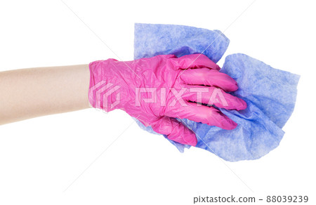 hand in pink glove holds crumpled blue rag cutout 88039239