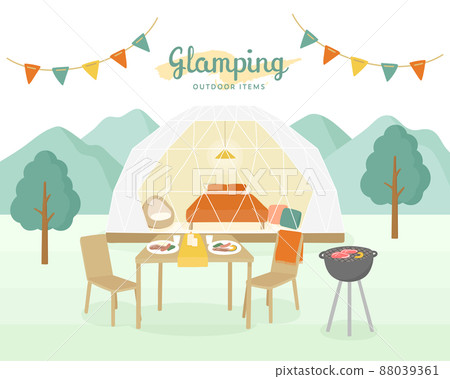 Illustration of glamping Camp outdoor dome tent BBQ flag table outdoor mountain 88039361